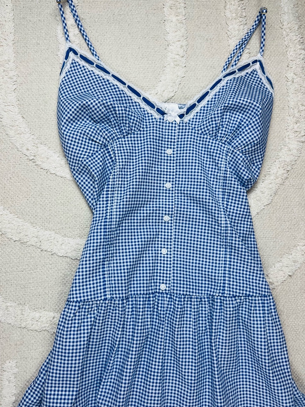 Frankie’s Bikinis x VS Pink Indiana Blue Gingham Lace Trim Sundress – Size M - Picture 2 of 14